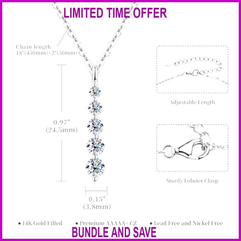 0.92 CT Moissanite 5-Stone Pendant Necklace, 14K Gold Filled, Adjustable Chain - Picture 3 of 7